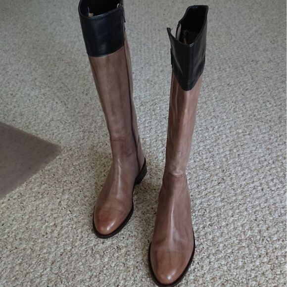Saks Fifth Avenue Italy Taupe Brown Black Leather Knee High Riding boots sz 6 - Picture 1 of 12